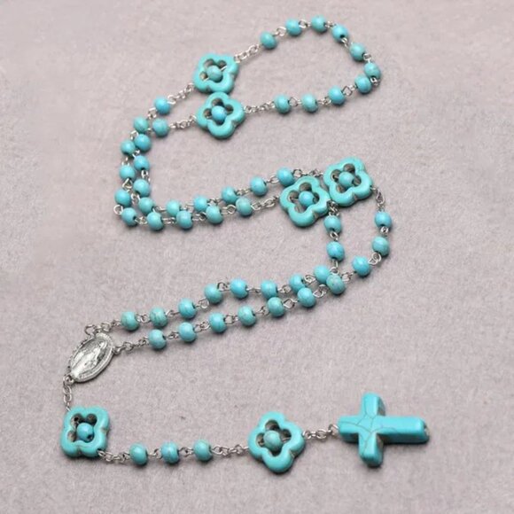 Turquoise Catholic Rosary Cross Religious Praying Fashion Necklace NWOT - Picture 5 of 11